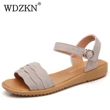 

WDZKN Women Sandals 2019 Fashion Retro Buckle Strap Cow Suede Open Toe Flat Sandals Women Summer Casual Shoes Ladies Sandals