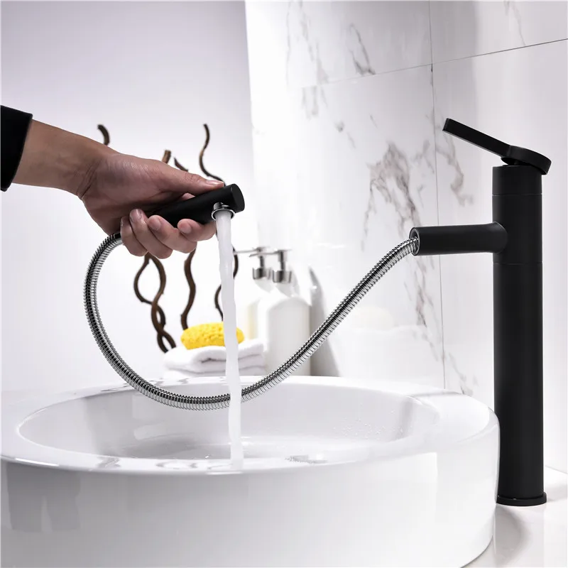 

all copper pull out basin faucet washbasin hot and cold mixer telescopic stretch single bath cabinet washbasin faucet