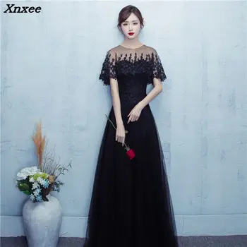

Elegant New Black O-neck Lace Tulle Long Dresses For Wedding Party Summer Prom Evening Gowns 2018 Maxi Dresses vestidos Xnxee