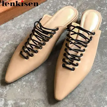

Lenkisen handmade sheep leather slip on mules low heels vintage Hollywood movie stars round low heels party wedding shoes L72