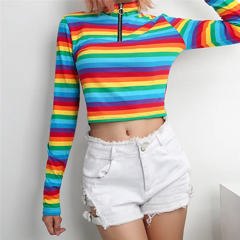 T-shirt Women Fashion Womens Long Sleeves Turtleneck Rainbow Color Zipper Tops T shirt Das Mulheres Dropshipping #F#40AT1302