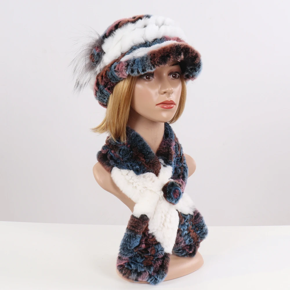 Зимний вязаный Настоящий мех кролика шапки наборы шарфов женский натуральный мех шарф шапка набор женский хороший эластичный натуральный мех Муфельная шапка