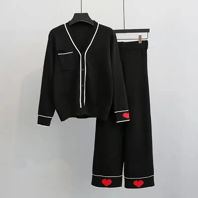 

MUMUZI 2018 Autumn Womans Sweater and Trousers Sets Black Female Casual Two-Pieces Suits Loose Open Stitch Sweater Knit Winter