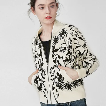 

Jacket Women 66% Viscose Jacquard knitted Design O Neck Drop Shoulder Zipper Long Sleeve Pockets 2 Colors 2019 New Fashion