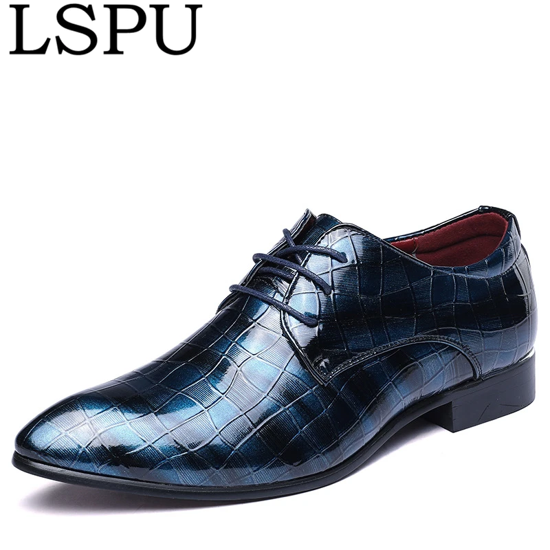

Brand LSPU Pointed Toe Men Leather Shoes Lace Up Breathable Casual Oxfords British Fashion Men Business Shoes Plus Size 38-48