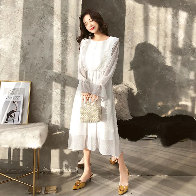 2019 Ruffles Polka Dot Women Chiffon Dress Elastic Waist Flare Sleeve Female Long Vestidos Retro Women Dress 2019 Ruffles Polka Dot Women Chiffon Dress Elastic Waist Flare Sleeve Female Long Vestidos Retro Women Dress