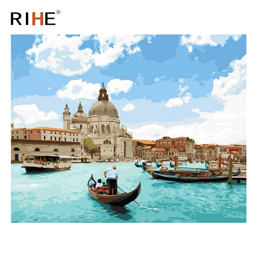 

RIHE Sea Boat Diy Painting By Numbers Abstract Venice Oil Painting On Canvas Cuadros Decoracion Acrylic Wall Picture For Room