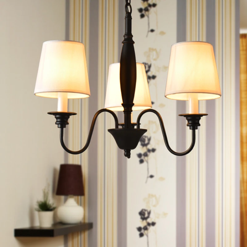 

American Chandeliers Modern Lamp Living Room Bedroom Stair Light Fixtures Black Iron White Lampshade Home Lighting 110-240V