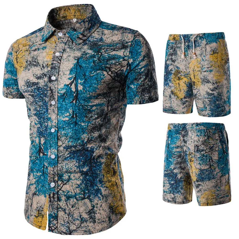 Floral Vintage Set Men Beach Vacation Suit Summer Plus Size Shirts + Board Fitness Shorts Flower 5XL Hip Hop Male Suits 2019