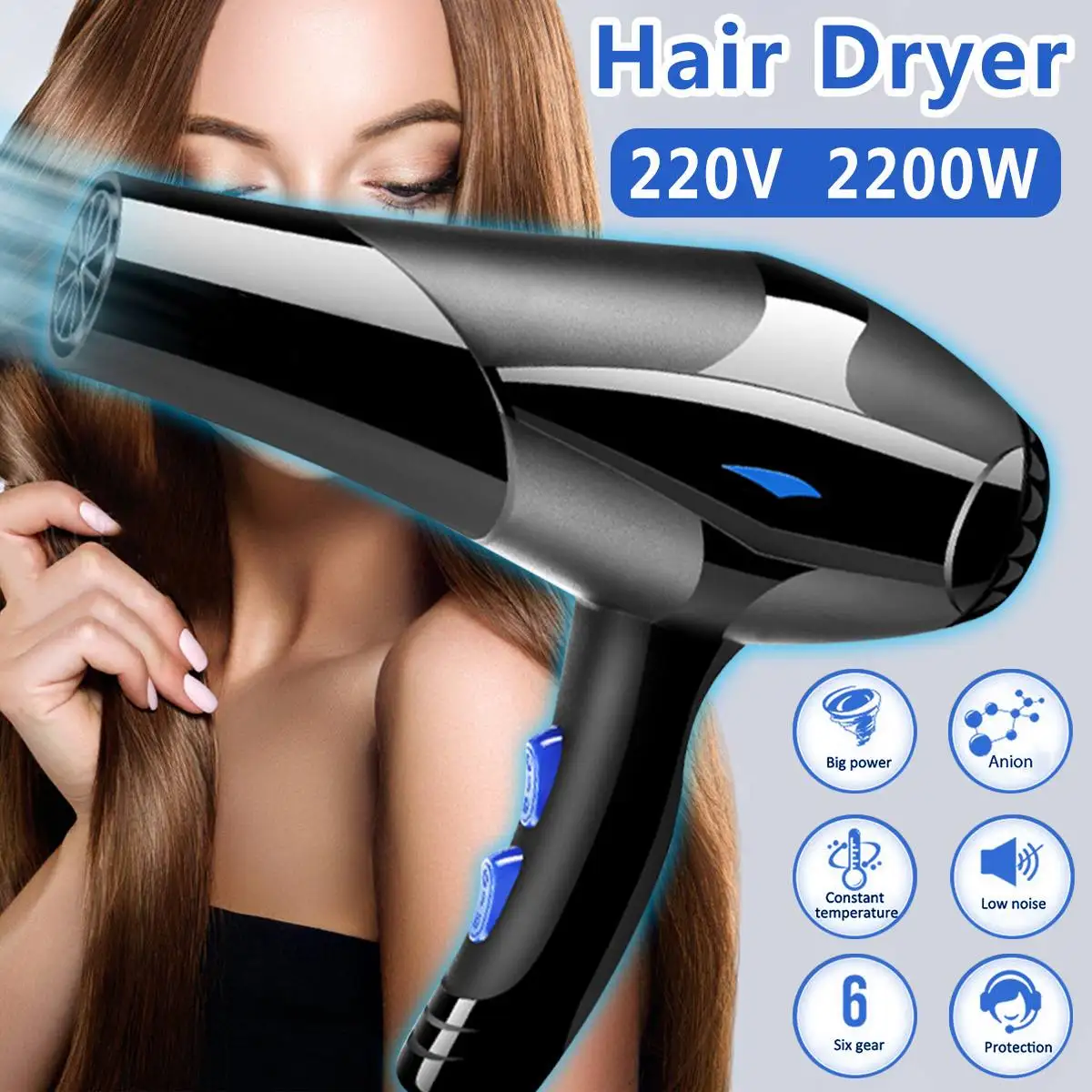 

Portable 220V 2200W Professional Electric Hair Blow Dryer Blower Diffuser Comb Hairdressing Salon Styling Traveller Home