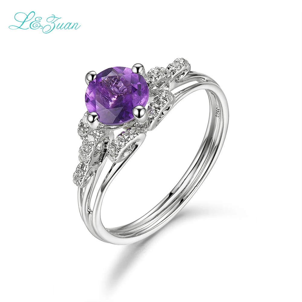 I&ampzuan Amethyst S925 Silver Rings For Women Trendy 0.78ct Round Purple Natural Gemstones Beautiful Wedding Fine Jewelry | Украшения и