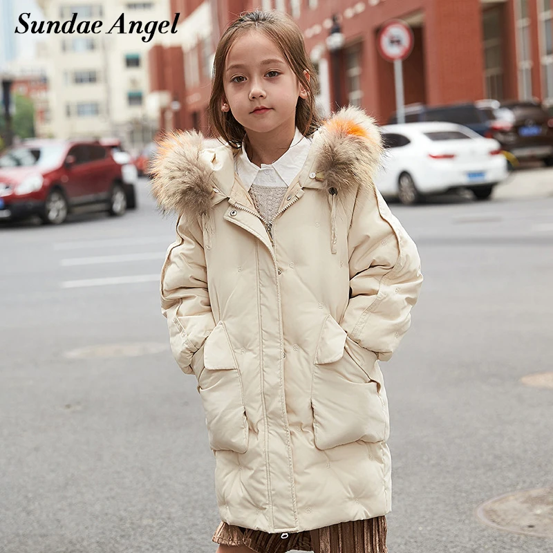 

Sundae Angel Girl Down Jacket With Fur Collar 80% White Duck Solid thicken Long Boys Coats Winter Hooded Warm Children Outerwear