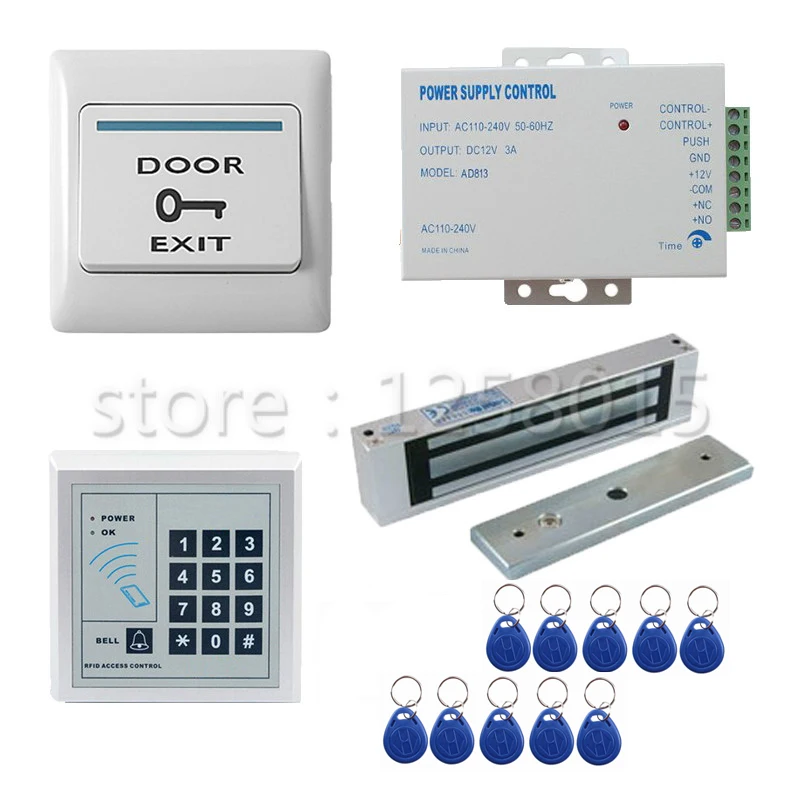 

125KHz RFID White Controller Access Control Kit for 1 door control+180kg magnetic lock+door switch+power+10 RFID Key Fobs
