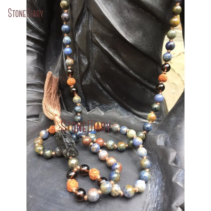 20180312-NM10924-Hand knotted Dumortierite & Rudraksha 108 Bead Mala smoky quartz black tourmaline root chakra protect grounding boho yoga meditation_3