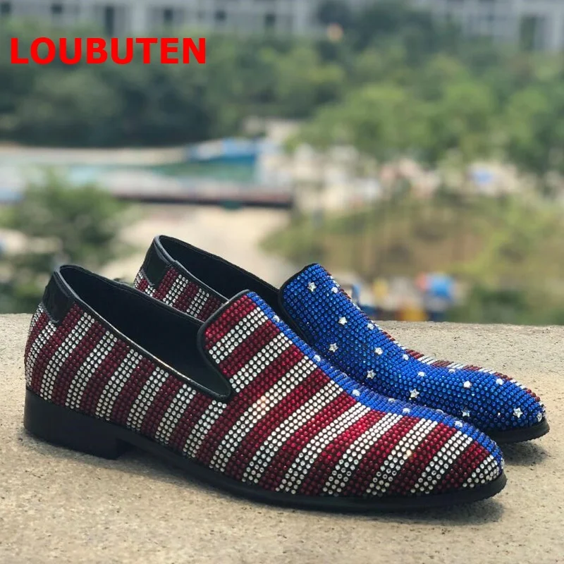 LOUBUTEN Luxury Mixed-color Rhinestone Loafers Men Suede Leather Shoes Handmade Slip On Men's Prom And Wedding Shoes