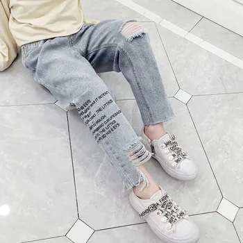 

JMFFY Children Girls Fashion Children Girls Denim Jeans Ripped 2019 Baby Kids Hole Pants 4-15T Spring Autumn Trousers Cowboy New