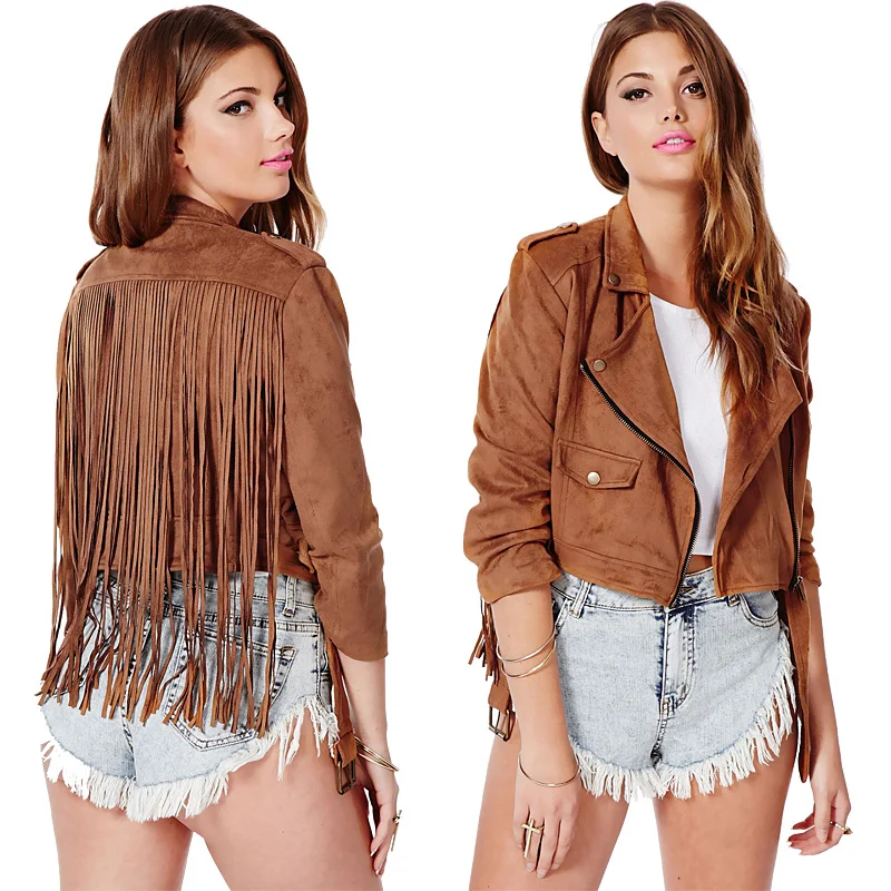 2015 Short Design Slim Tassel Jacket personality Turn down collar outerwear chamois leather