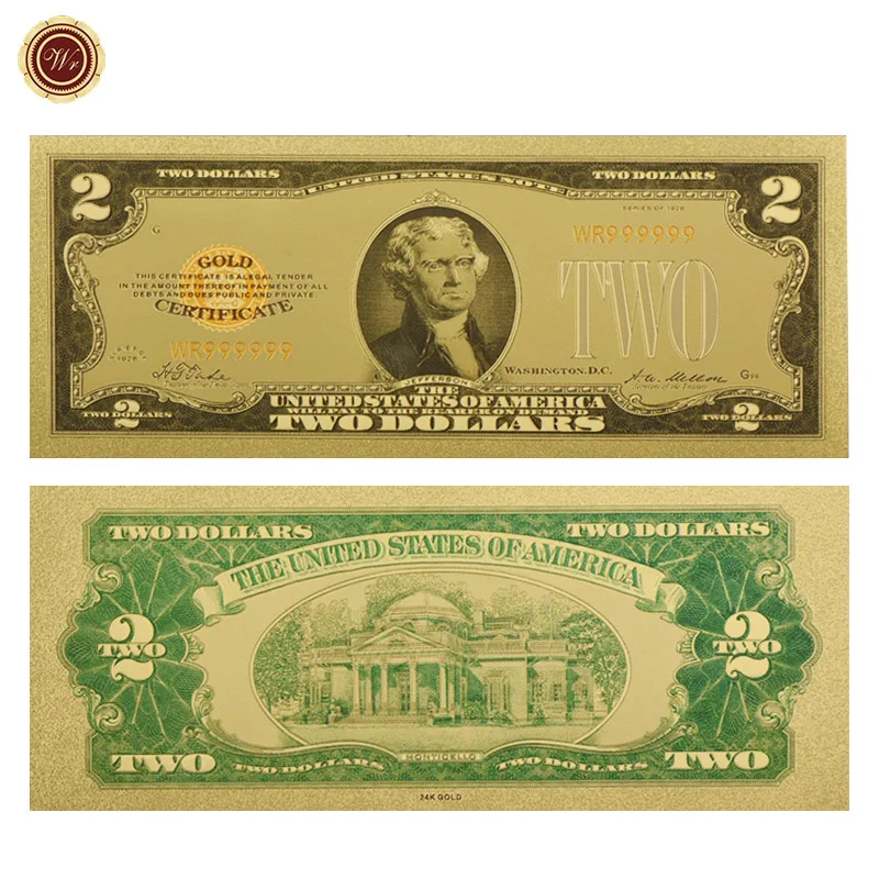 WR 1928 год американская цветная Золотая банкнота USD 2 позолоченная фольга