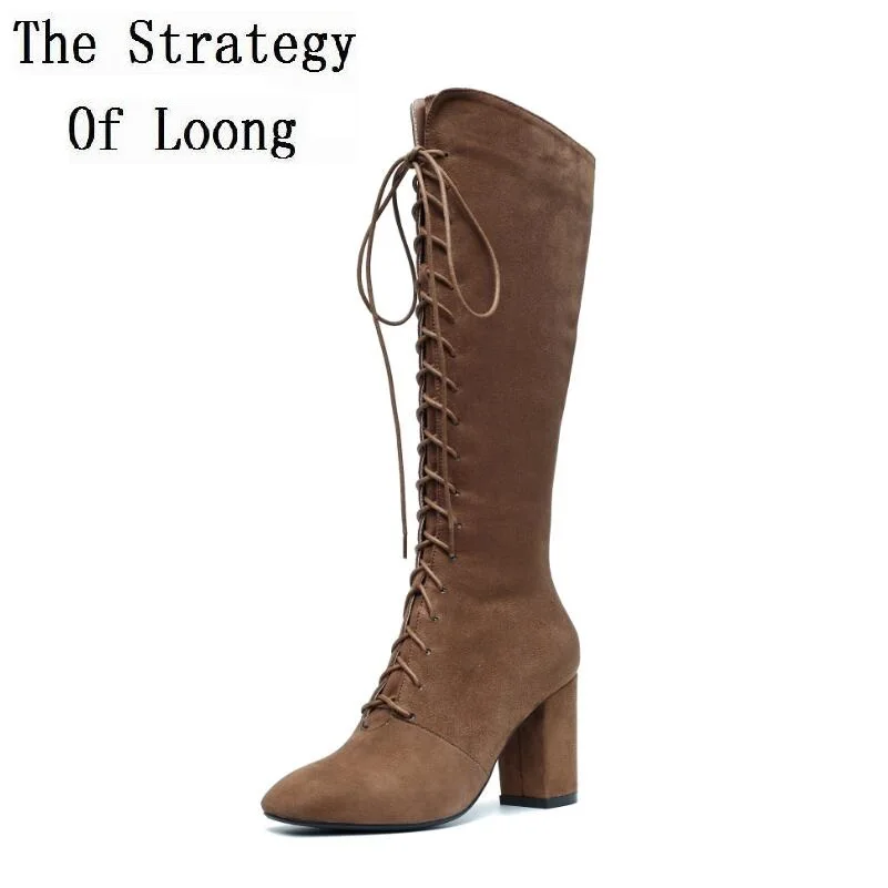 201805 Talons Longues Spring For Genou Brown Épais Bottes Liée Autumn Croix En Winter Avant Dame De brown Véritable Haute Daim Femmes Printemps Chevalier D'hiver Automne Cuir wSvx17qHq