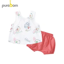 Pureborn/жилет для маленьких девочек+ шорты; комплект из 2 предметов; повседневный комплект одежды без рукавов с цветочным принтом и бантом; Детская летняя одежда для девочек; костюмы