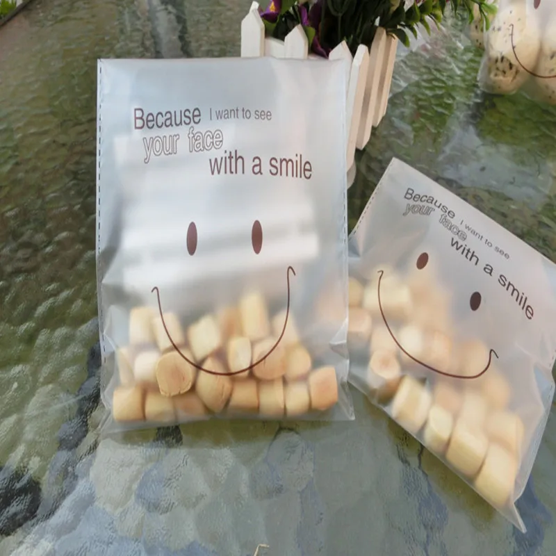 50 шт./лот милый смайлик печенья сумки самоклеющиеся Пластиковый упаковочный пакет для печенья 14*14 см плюс 2 см
