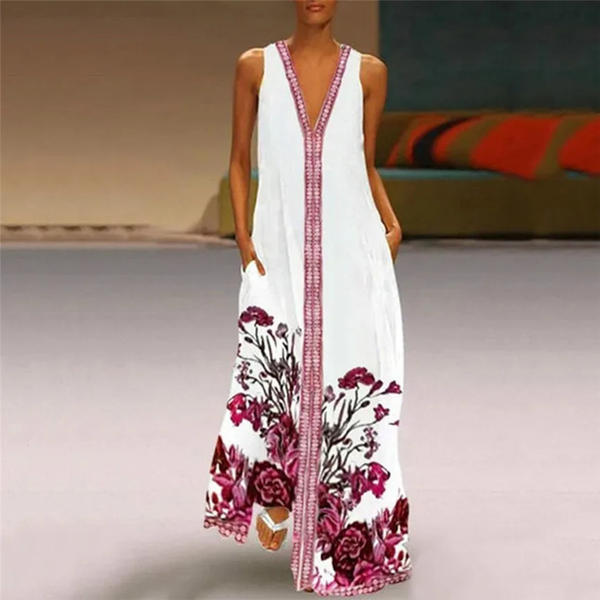 

Summer Dress Women 2019 Fashion Beach Dresses Plus Size Vintage V Neck Splicing Floral Printed Sleeveless Maxi Party Dresse