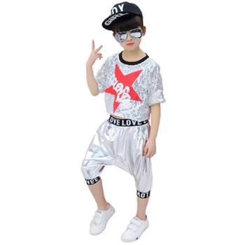 

Kids Sequined Jazz Wear Dance Costume Hip Hop Sequin Shinning Ballroom T Shirt Street Dance Competition Costume Sliver Set