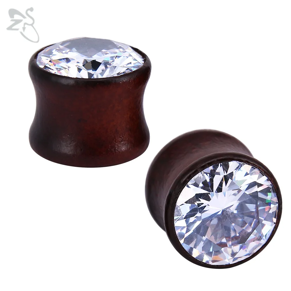 Fashion Wood Ear Plugs And Tunnels With Crystal Zircon Stone Round