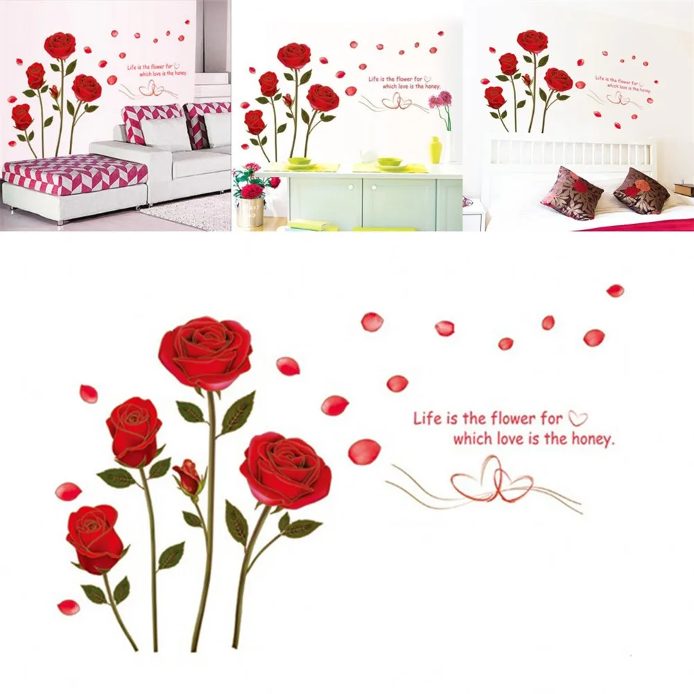 Romantic Red Rose Blossom Wall Sticker Red Flower Living Room Bedroom