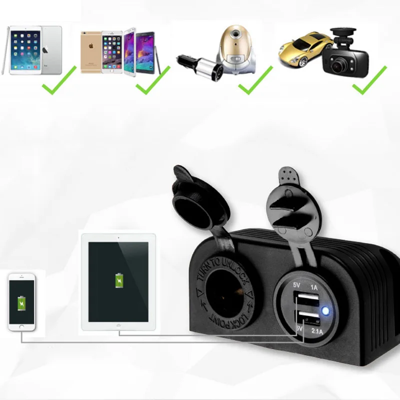 

360 Degree Rotatable Dual USB Car Charger Cigarette Lighter Power Socket Two Hole Tent Base for Car Truck Motorcycle Boat ATV