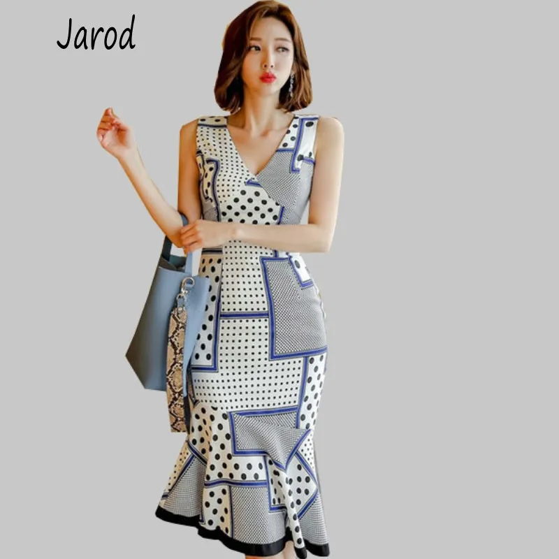 

Summer Women Mermaid Bandage Dress 2019 Fashion Sleeveless V-Neck Dot Vintage Bodycon Dress Elegant Party Dresses
