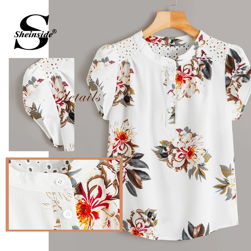 Sheinside Повседневная шифоновая блузка с цветочным принтом для женщин летние блузки с рукавами-лепестками женские вышитые топы на пуговицах