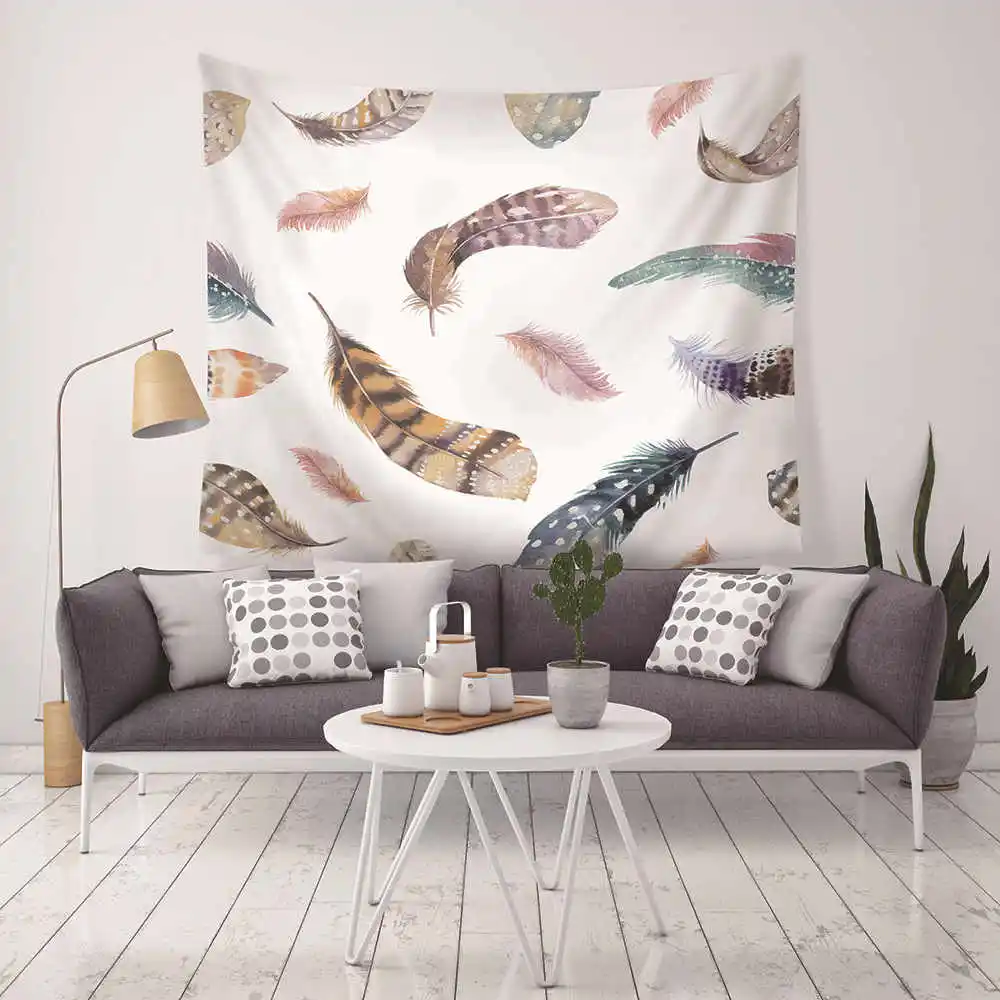 

Modern Colorful Feather Printed Macrame Wall Hanging Tapestry Decor Wall Tapestry Carpet Beach Towel Boho Rectangle Tablecloth