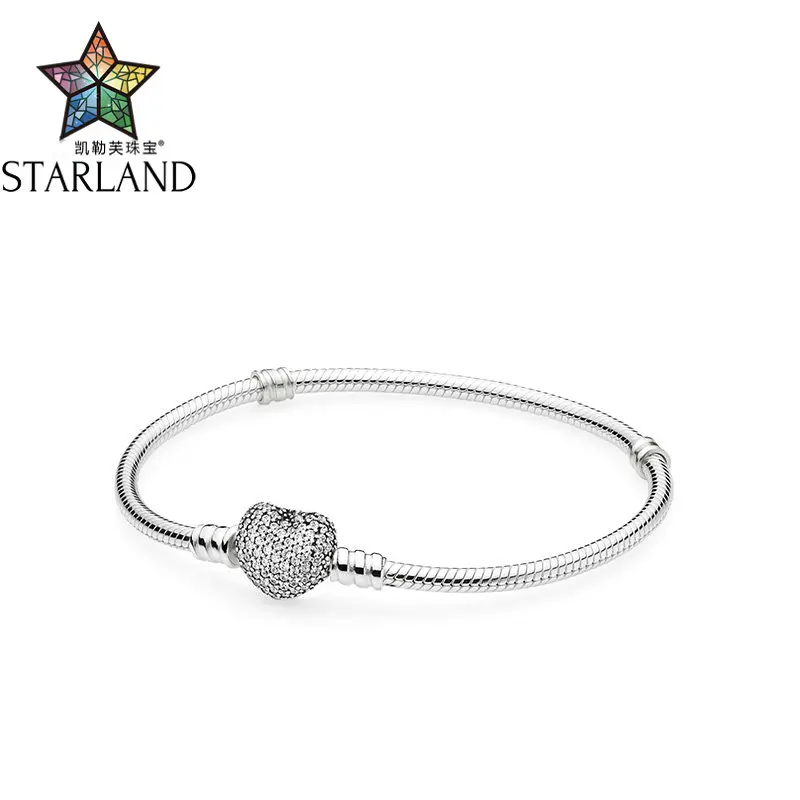 

Starland fine 925 sterling silver paved snake chain CZ love heart charm bracelet and bracelet Fit Original brand jewelry 16CM-21