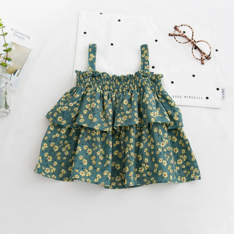 Fashion Baby Girls Blouses Shirts Cute Ruffle Sling Top Sleeveless Floral Summer Clothing For 2-7Y Kids Children Wholesale