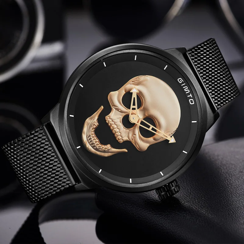 Brand New Style 3D Skull Men Watch Gift Leather Steel Or Mesh  Waterproof Clock Casual Military Male Sport Punk Quartz Watches