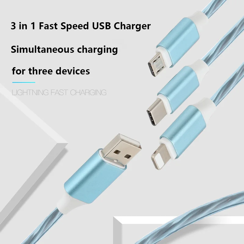 3 в 1 светодиодный usb-кабель со светом для быстрой зарядки мобильного телефона кабель Micro usb type C для iPhone X 8 7 6 USB Кабель зарядного устройства