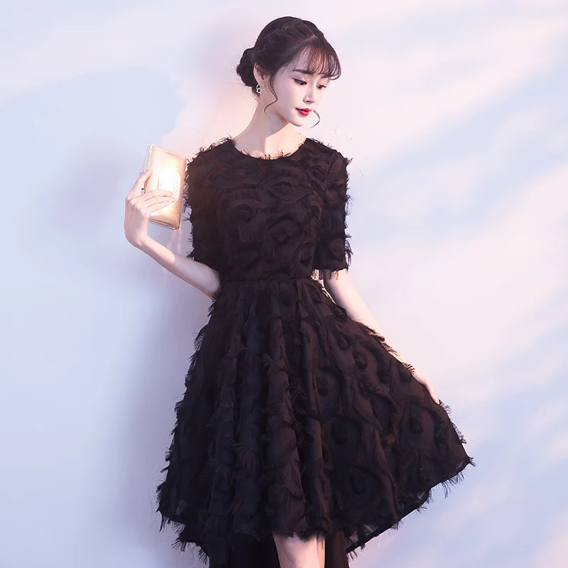 

Fashion Women's Dress Autumn Winter 2018 New O-neck Elegant Evening Gowns Short Front Long Back Solid Luxury Party Dresses WM215