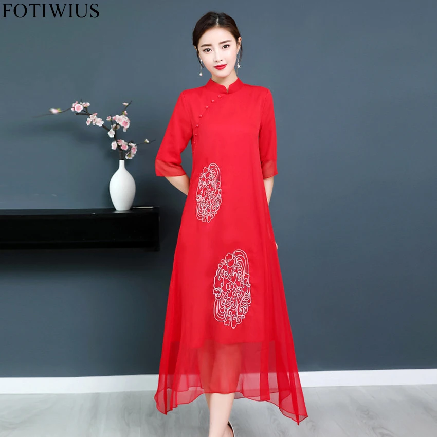 

2019 Women Dress Elegant Floral Spring Summer Dress Half Sleeve Vestidos Chinese Vintage Print Faux Silk Dresses High Quality