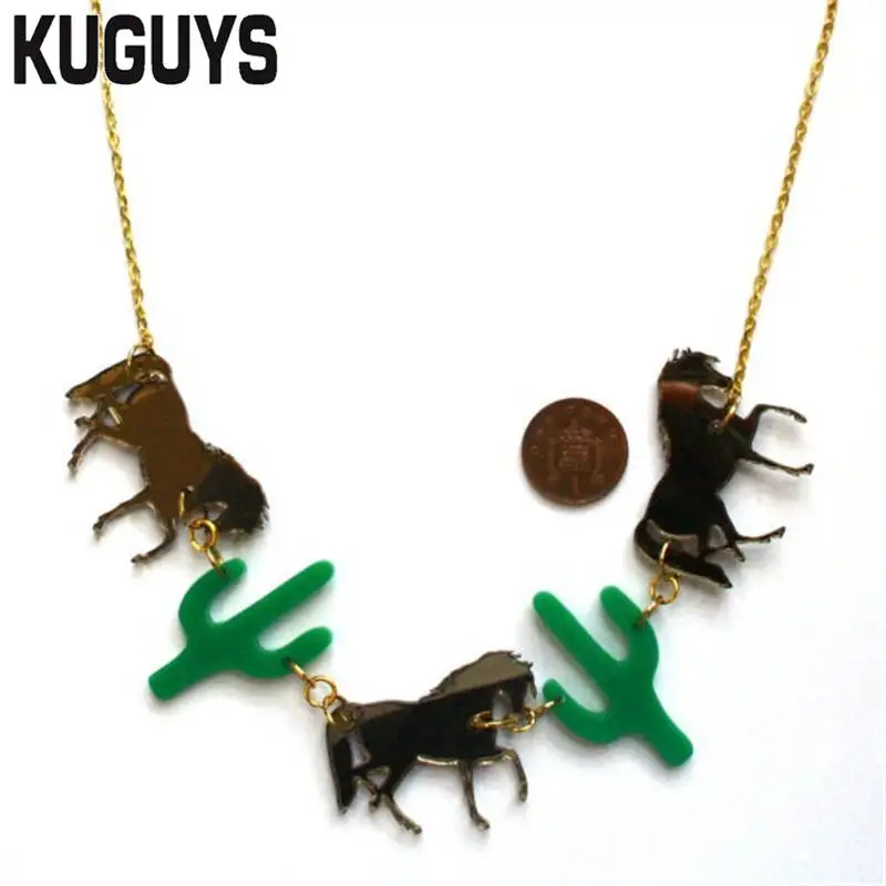 KUGUYS Acrylic Cowboy Necklace Fashion Jewelry Golden Horse Green Cactus Pendant Necklaces for Women and Mens Accessories Chains KUGUYS Acrylic Cowboy Necklace Fashion Jewelry Golden Horse Green Cactus Pendant Necklaces for Women and Mens Accessories Chains