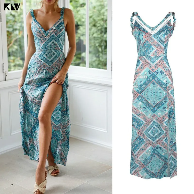 

KLV Women Ladies Boho Floral Print V Neck Strappy Holiday Summer Beach Maxi Dress Sundress
