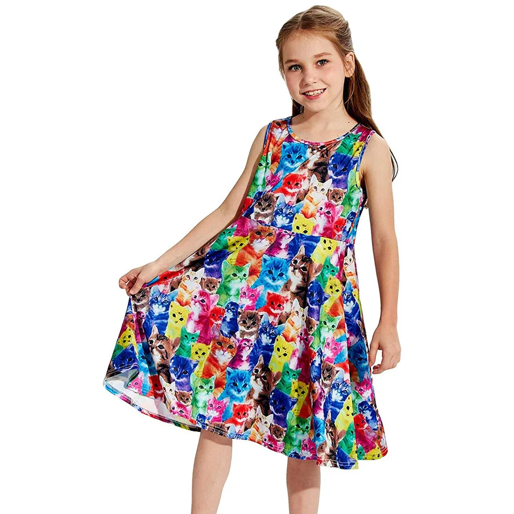 

2019 High quality Youth Teen Kids Girl Sleeveless Cartoon Cats Dress Party Sundress Clothes Girls dress Dropping Vestido Ropa