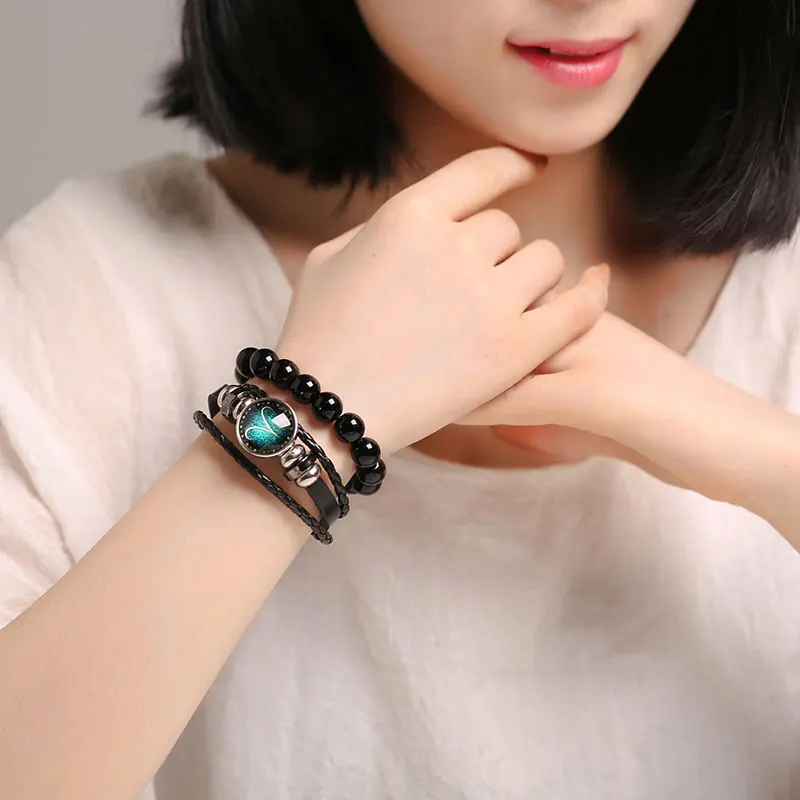 

Brand Fashion Female Handmade Braided Leather Zodiac Bracelets 12 Constellation Wrap Charms Bracelet Bangle for Women Men