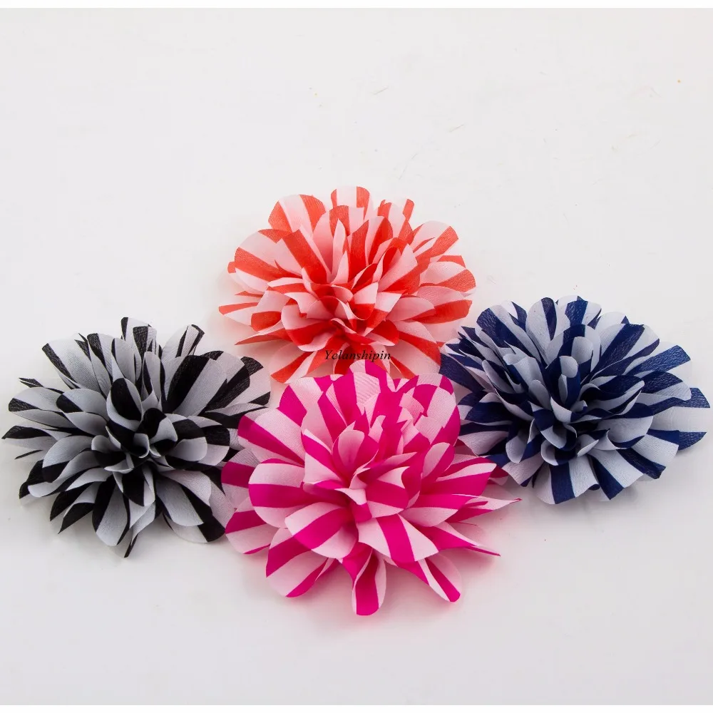 10PCS 4.4&quot 12colors Hair Clip Striped Chiffon Flower For Kids Girls Accessories Artificial Fabric Flowers Headbands |