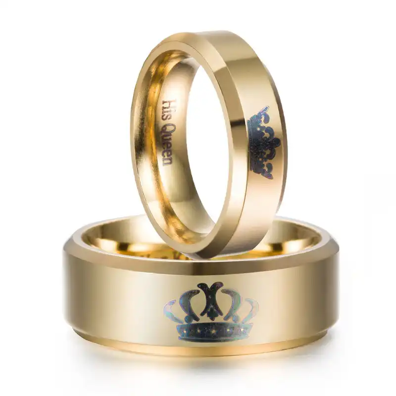 King And Queen Couple Rings Gold Stainless Steel Crown Rings For