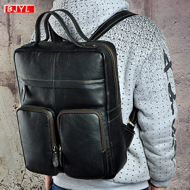 

BJYL Genuine Leather Men's backpacks large capacity retro shoulder bag men first layer cowhide leather travel computer backpack