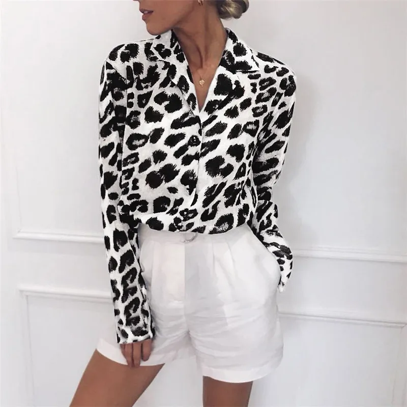 Fashion Leopard Print Chiffon Blouse Women Casual Turn