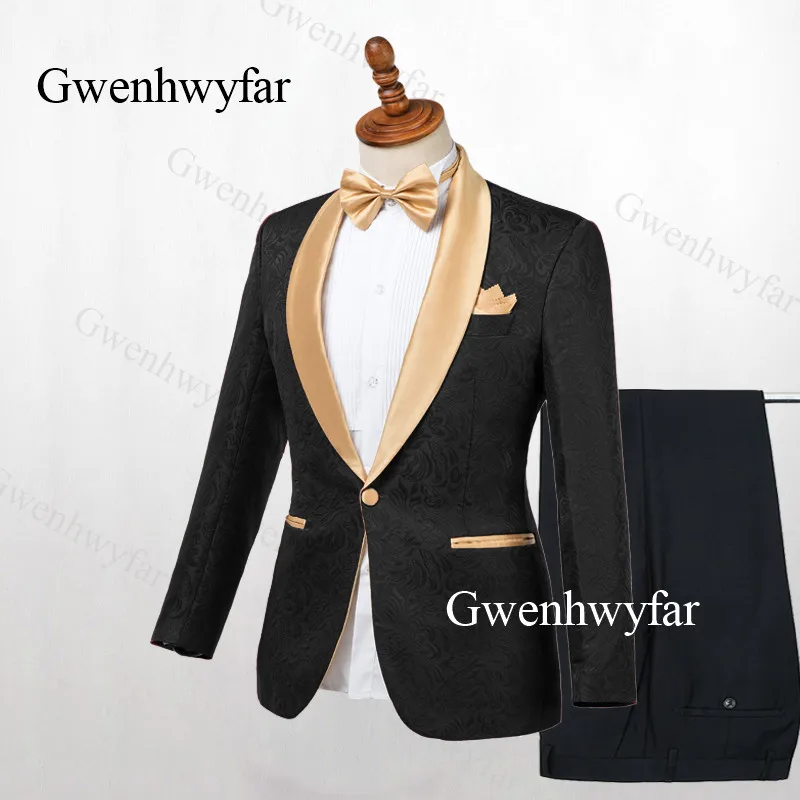 Gwenhwyfar, черный смокинг, золотой блейзер с лацканами, 2 предмета, мужские костюмы, жаккардовый костюм, смокинги, для свадьбы, Мужские костюмы(пиджак+ брюки