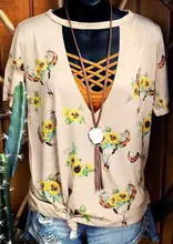 Women Sunflower Steer Skull Cut Out t shirt Apricot Summer Ladies Vintage Hollow Out Sunflower T-Shirt Plus Size Tumblr Clothes cut out longline t shirt