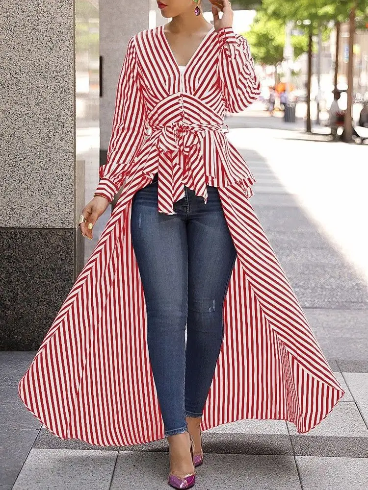 Spring Fashon Newly Women V Neck Lace up Chic Classic Asymmetrical Striped Long Sleeve V Neck Shirt Blouse Shirt Tunic Tops - Цвет: Красный